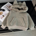 Early autumn faux fur collar hoodie - korean chic, relaxed fit, autumn design, unique striped top for women