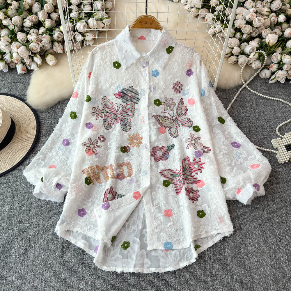 3d embroidered hotfix rhinestone lapel long sleeve shirt - women's  spring new fashion, loose fit, slimming, playful top