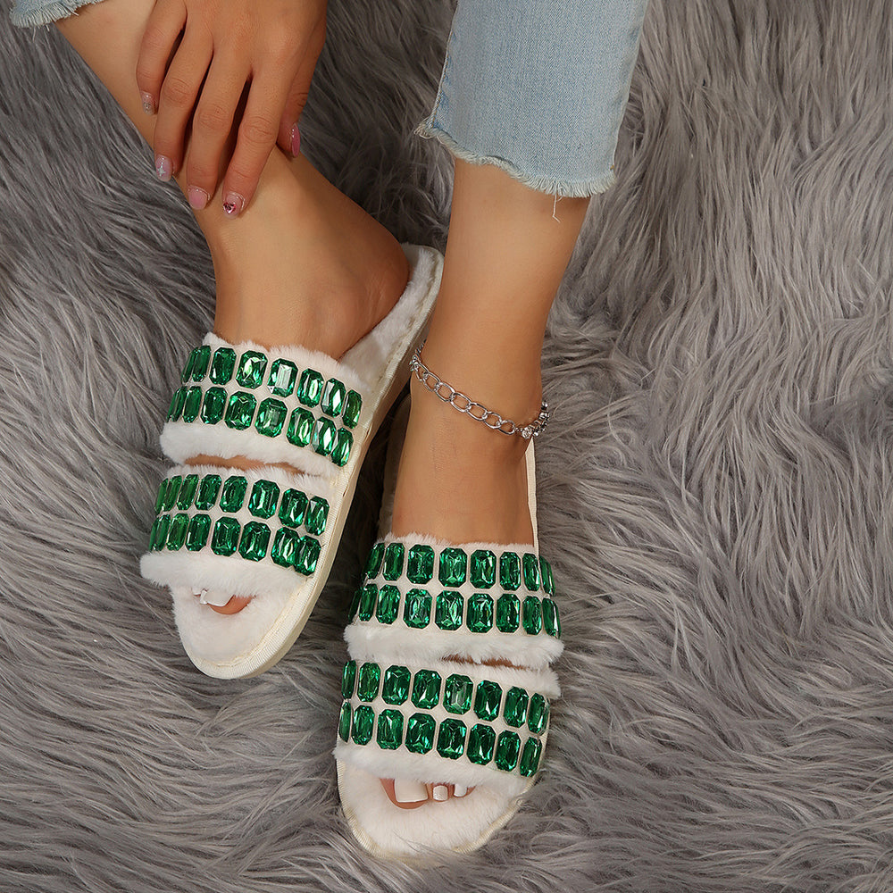 Rhinestone cotton slippers 2024 new women's winter fleece-lined thickened couple student plush slippers home indoor cotton slippers