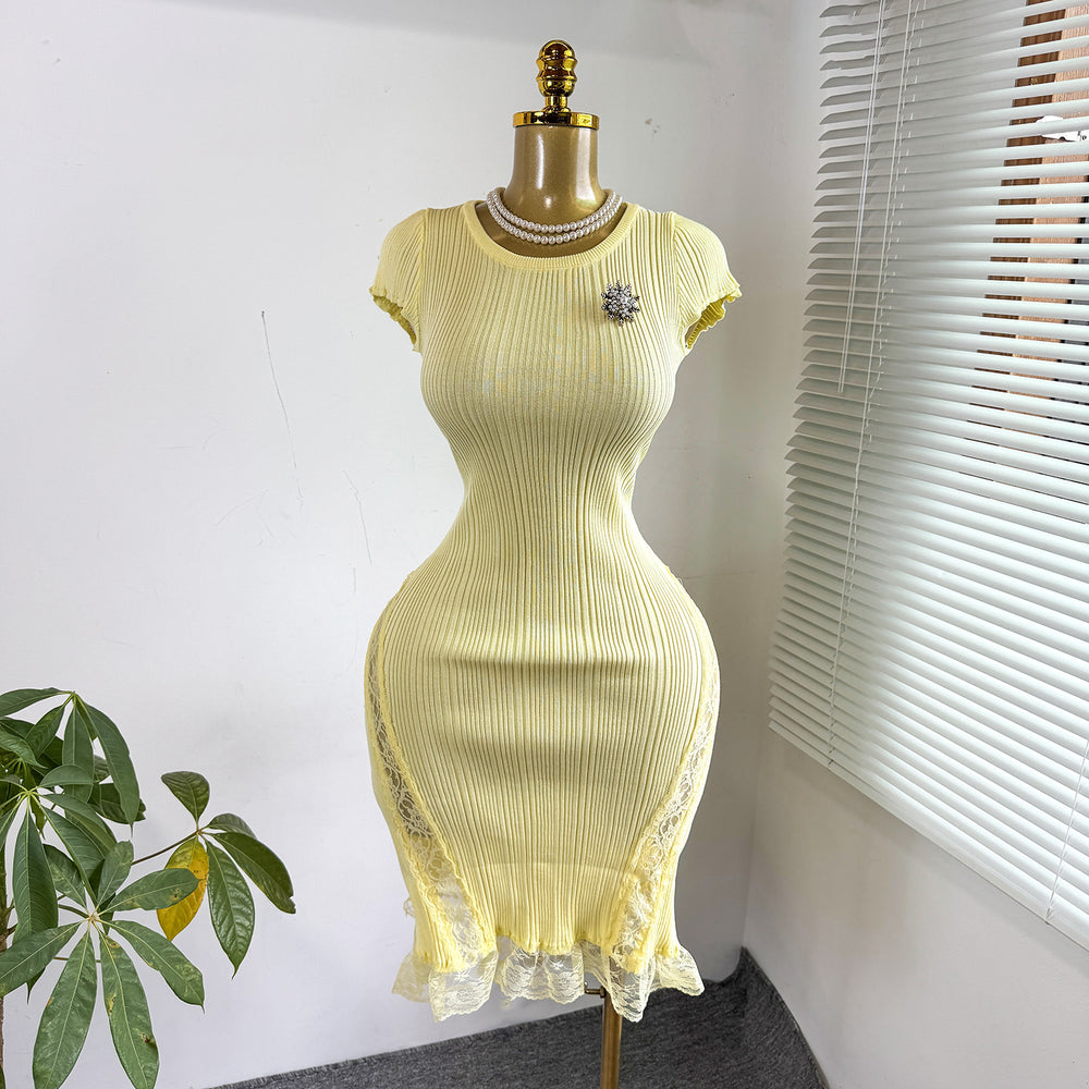 Xiaoxiangfengelegance round neck lacepatchworkshortknittingdress female silm waist slimming look short skirt dress