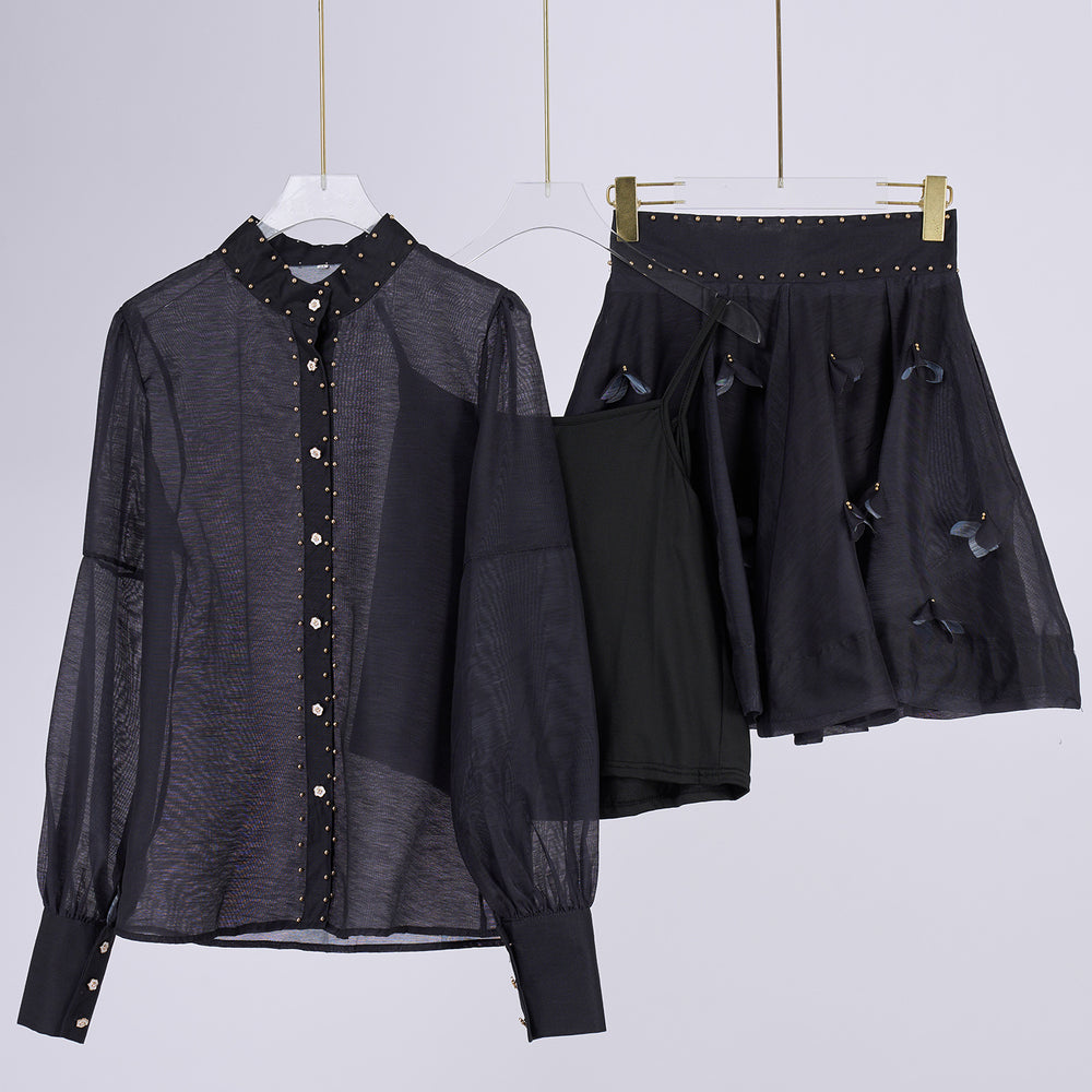 Export spring and summer stand-up collar lantern long sleeves waist single-breasted beaded shirt tops+a-line skirt skirt suit