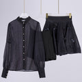 Export spring and summer stand-up collar lantern long sleeves waist single-breasted beaded shirt tops+a-line skirt skirt suit