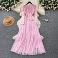 French chic long sleeve lace and mesh patchwork dress - high waist, slimming, elegant, and flowy maxi dress