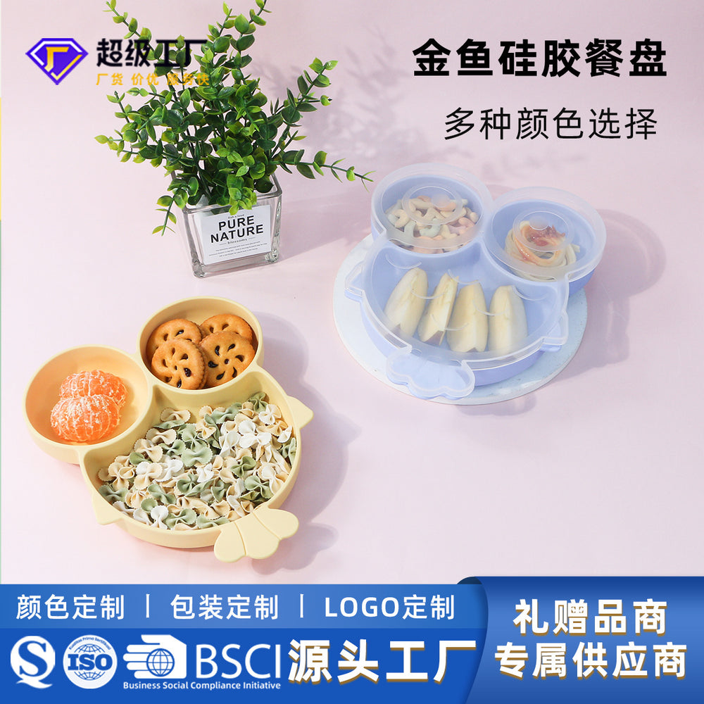 Oem personalized cartoon goldfish food grade silicone divided dinner plate kids learning to eat tableware cartoon silicone dinner plate