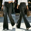 European and american style black washed stretch flare jeans - women's high-waisted raw hem slimming versatile workwear flare pants