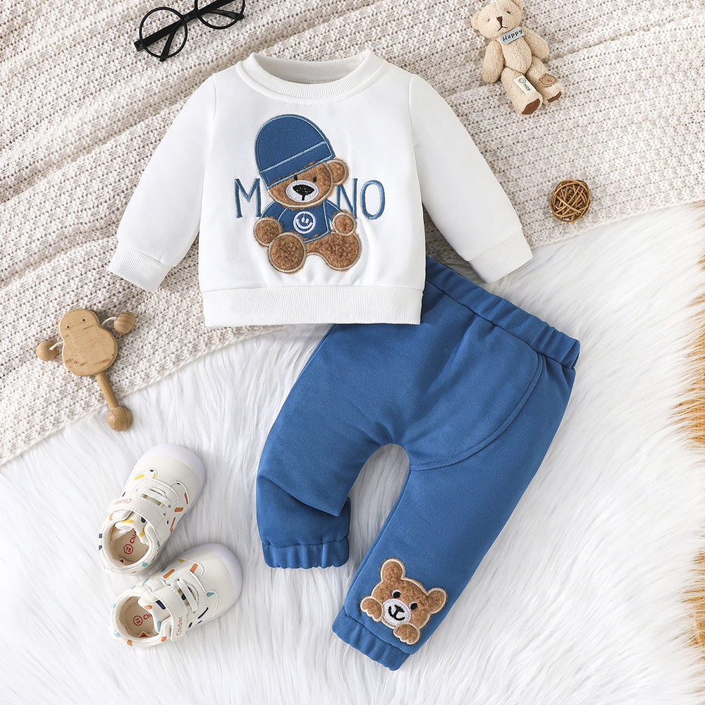 cross-border e-commerce children's wear: new autumn/winter cartoon letter hat bear embroidered hoodie and pants two-piece set