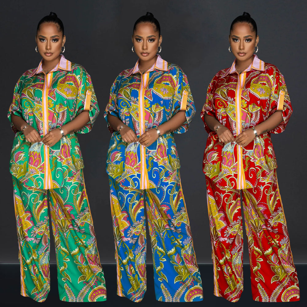 C6618 cross-border   fashion women's french print shirt & shorts two-piece set