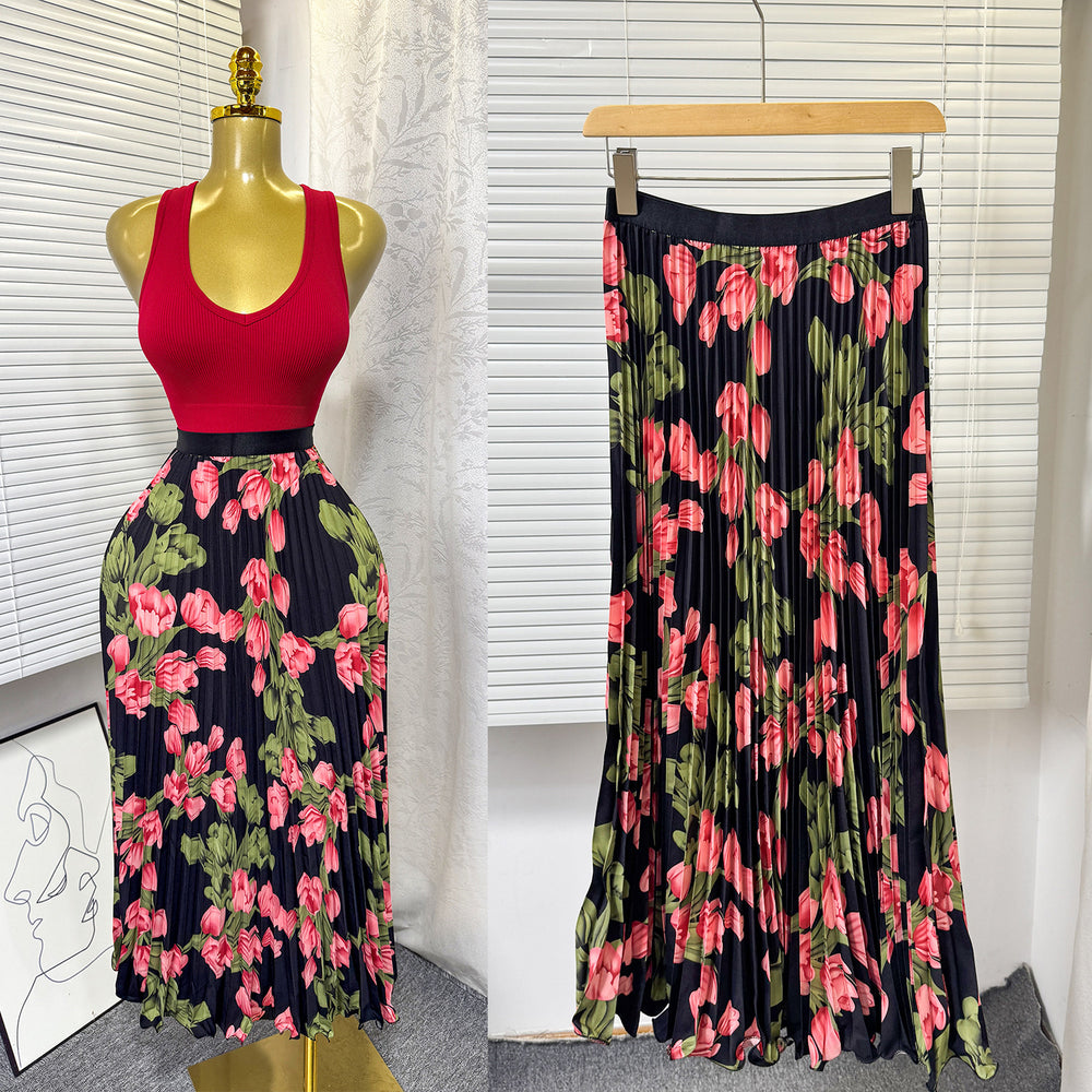 export 2026 summer new arrival: printed pleated a-line midi skirt with elastic waist and flared ruffle hem