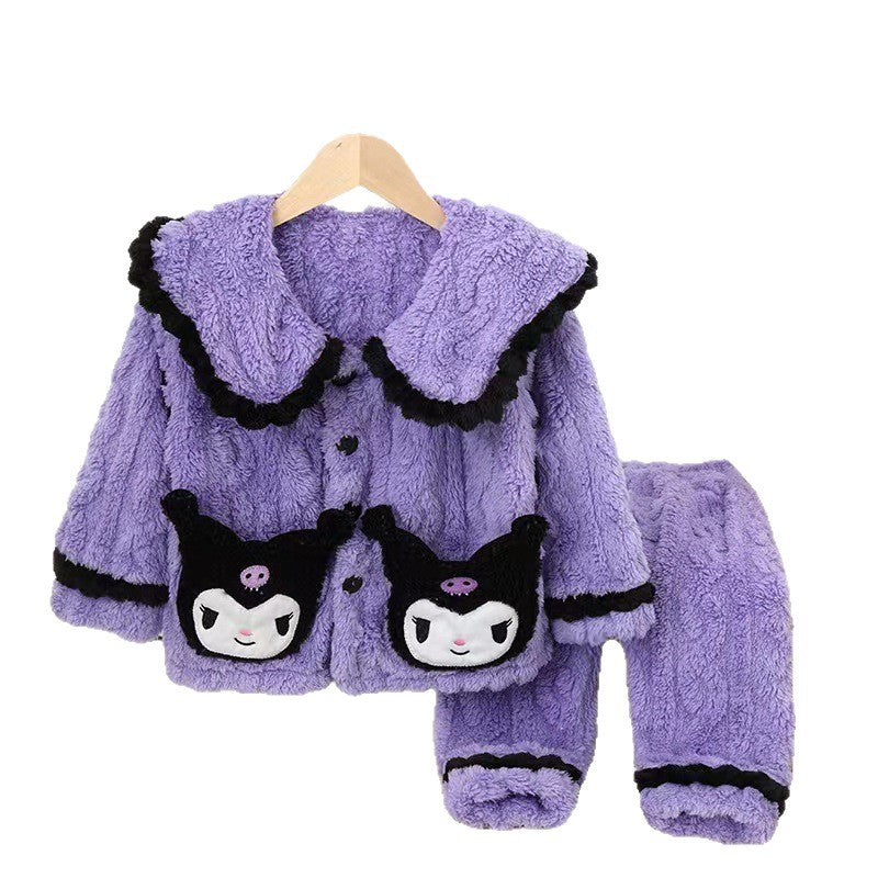Girls' fall/winter kuromi flannel pajama set - kids' flannel cartoon lapel plush fleece thick loungewear