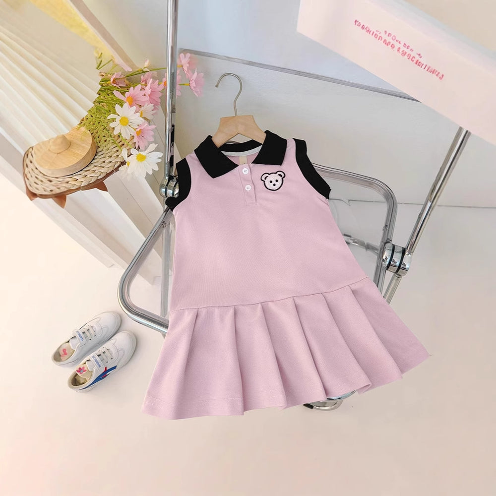Girls' summer dress  new style: chic and sweet polo collar pleated skirt, preppy style for little girls