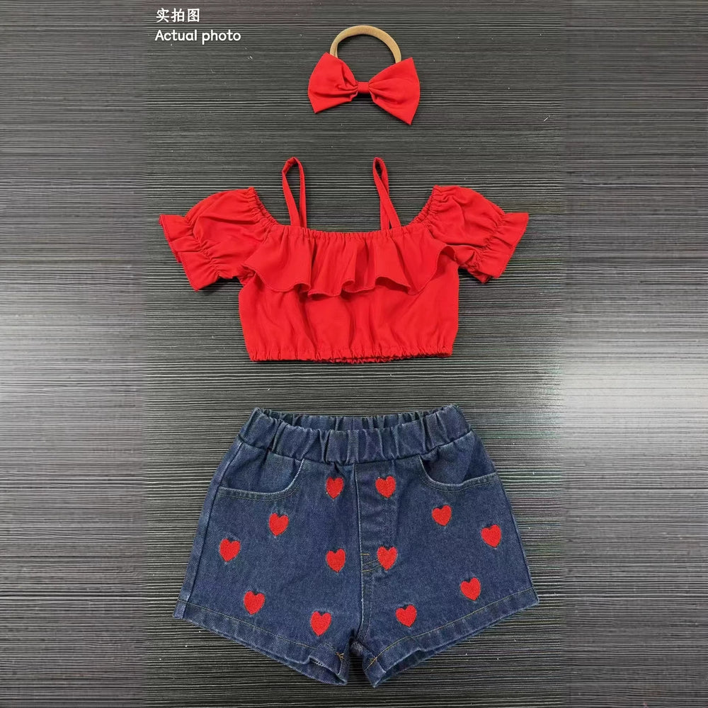 hot selling baby girl one shoulder ruffle suspender tops+love embroidered denim short suit with headscarf
