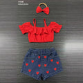 hot selling baby girl one shoulder ruffle suspender tops+love embroidered denim short suit with headscarf
