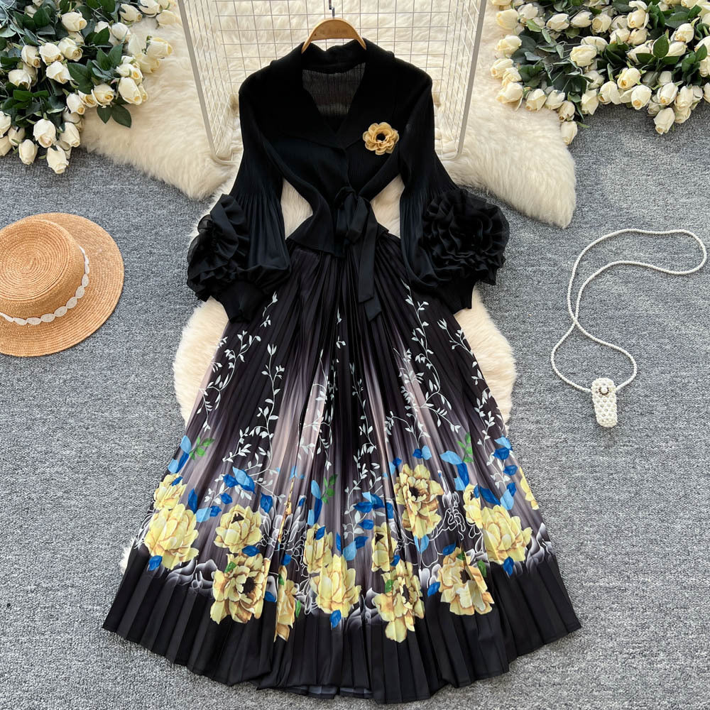 Miya pleated dress women's autumn fashion european and american style 3d floral lantern sleeve tie-waist printed pleated maxi dress
