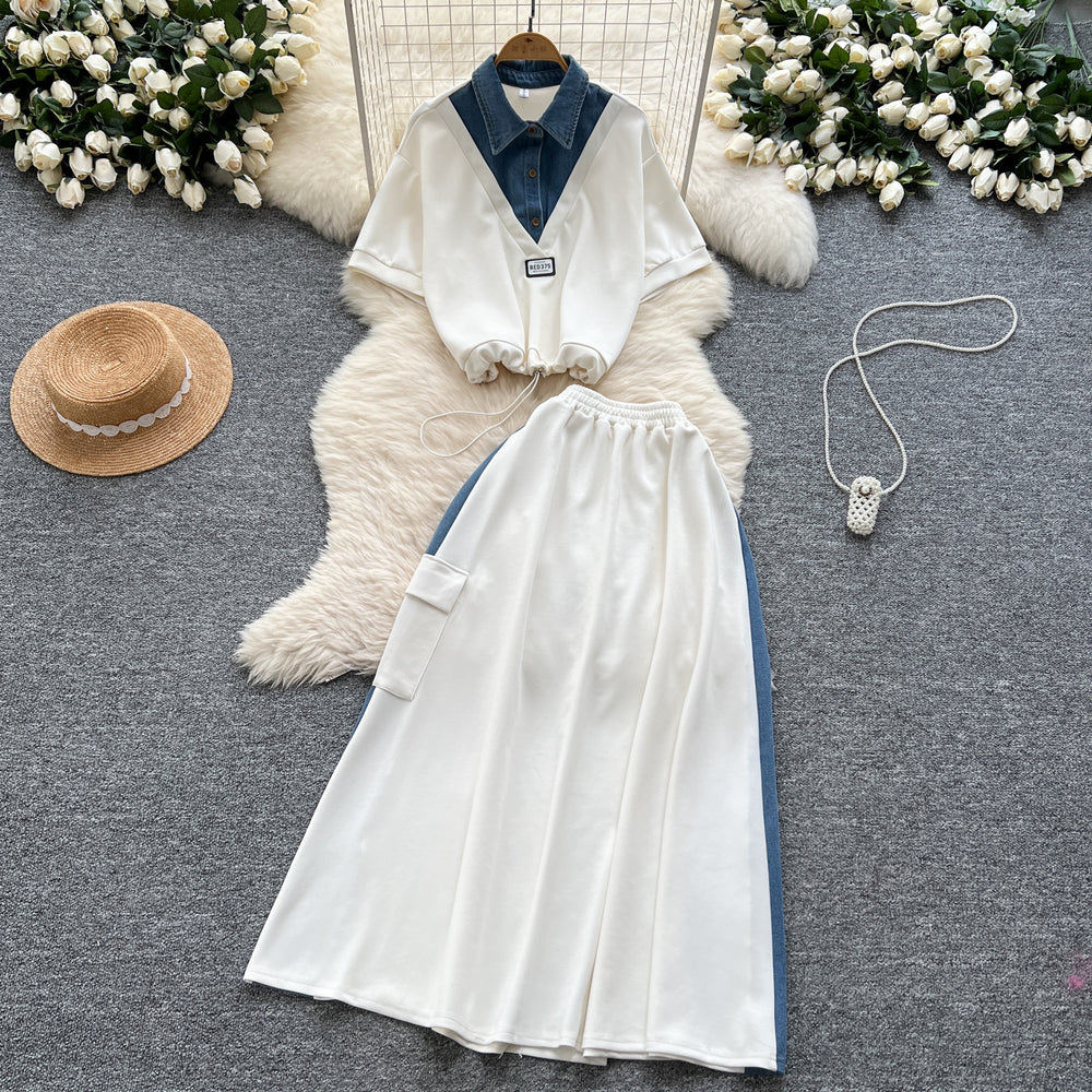 Salt style light mature two-piece set women's summer drawstring waist fake two-piece short-sleeved topshigh waist denim patchwork skirt
