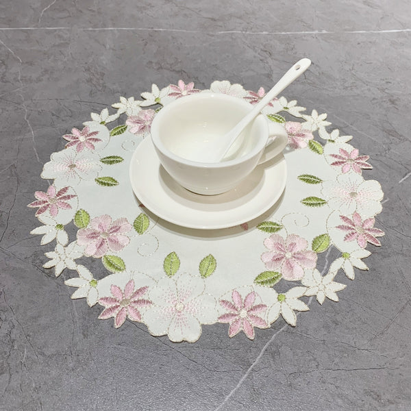 Liheng wholesale European pastoral embroidery placemat polyester fabric decoration round dining table mat  hot-selling embroidery cup