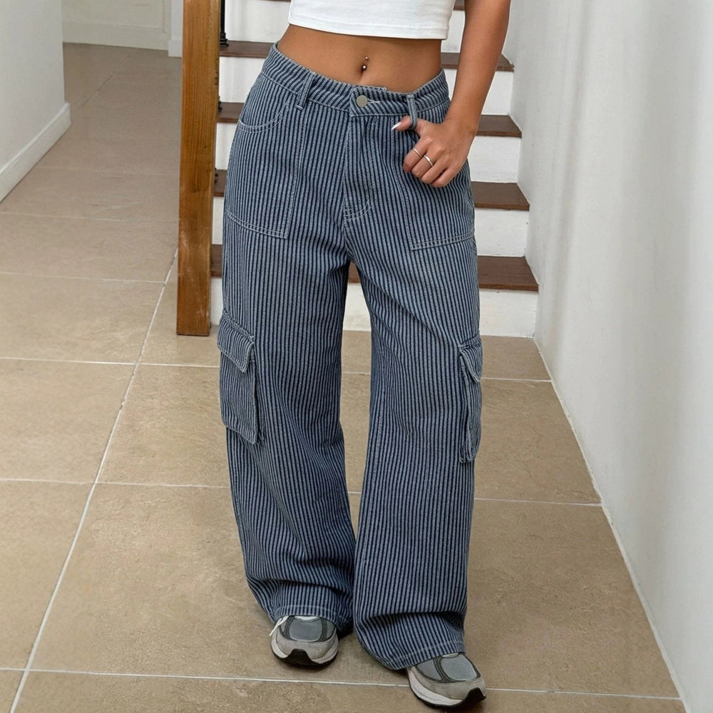 Fashionjeans women's vertical stripesworkwear wide-leg jeans cross-border multi-flap pocket pants high waistloosemop women's pants