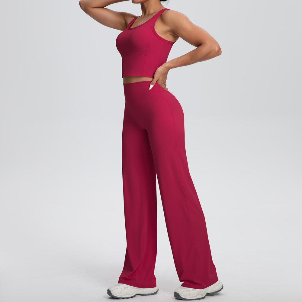 New arrival: cross-border double-sided brushed solid color breathable long wide-leg yoga outfit set - two-piece activewear for running and fitness