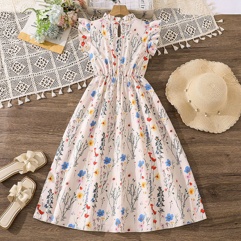 26 cross-border  girls' spring/summer new arrival: elegant floral print flutter sleeve a-line dress with cinched waist