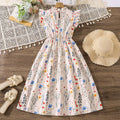 26 cross-border  girls' spring/summer new arrival: elegant floral print flutter sleeve a-line dress with cinched waist