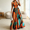 fashion cross-border women's halter v contrast colorprintingdress women's waist slit large swing elegant long skirt