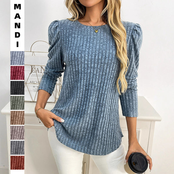 2025  new women's clothing,  women's round neck bubble sleeve polished pit strip solid color top long sleeve T-shirt