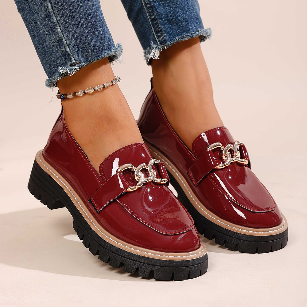 plus size british style metal chain low ankleflatsautumnew arrivalthick sole slip-on small leather shoes for women