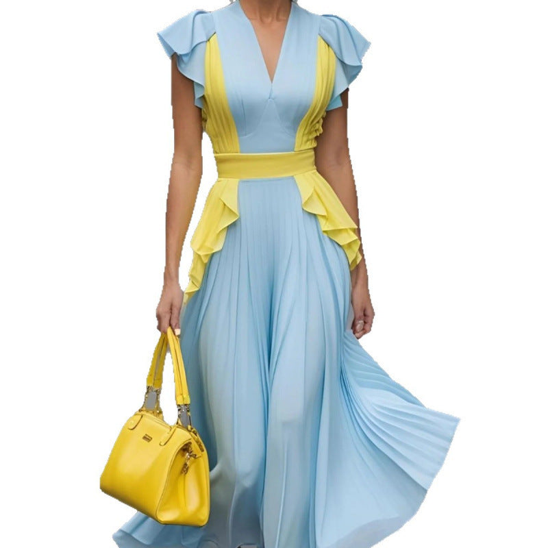 Amazon european style elegant color block ruched v-neck maxi dress - new summer slimming and figure-flattering dress