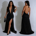 C7225 cross-border   fashion women's sexy deep v slit evening gown dress
