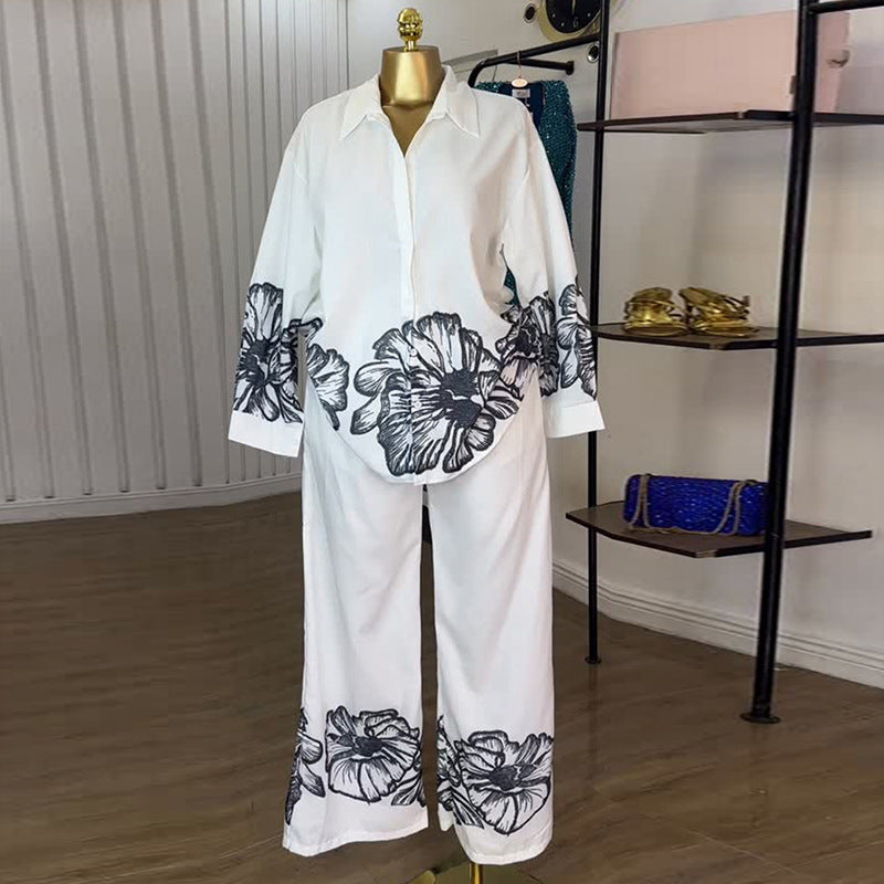 European and american cross-border women's fashion:  autumn new collection - trendy printed oversized long sleeve shirt and wide leg casual pants set