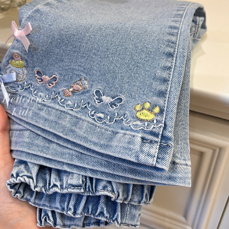 New girls' autumn collection: versatile cartoon embroidered bow denim jeans - korean style casual fashion for baby girls