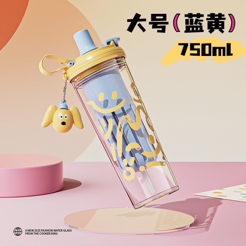 High-style summer double-walled water bottle, large capacity cartoon plastic straw cup, student and children's insulated water bottle with tea infuser, wholesale