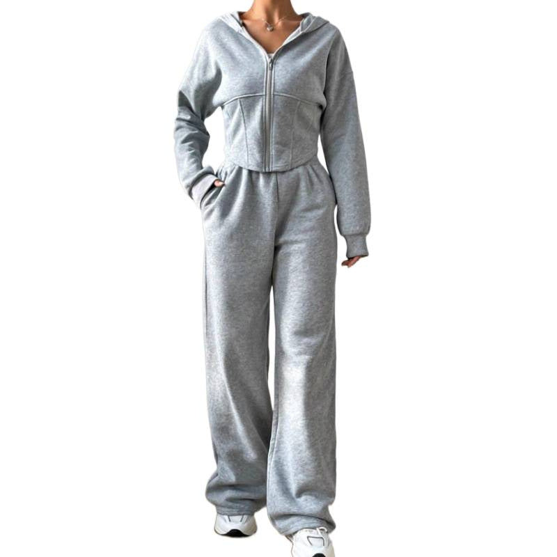 Solid color hooded sweatshirt set - relaxed fit, zip-up, european & american style, new autumn  women's collection