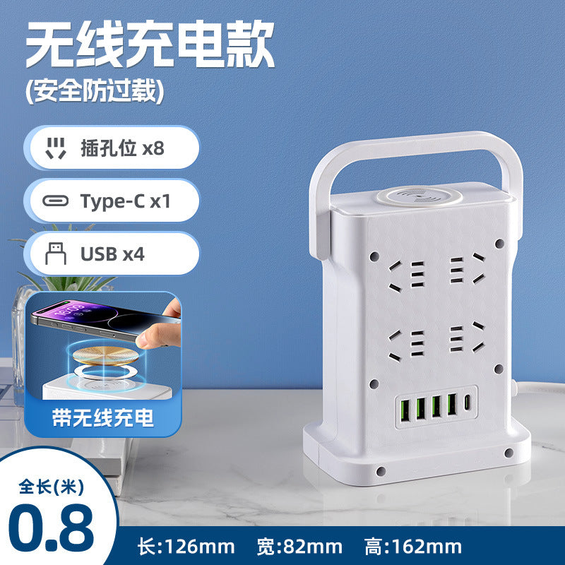 Wireless charging power strip, smart usb fast charging, multi-outlet, multi-function, thickened copper wire, power strip for home, office, and dorm