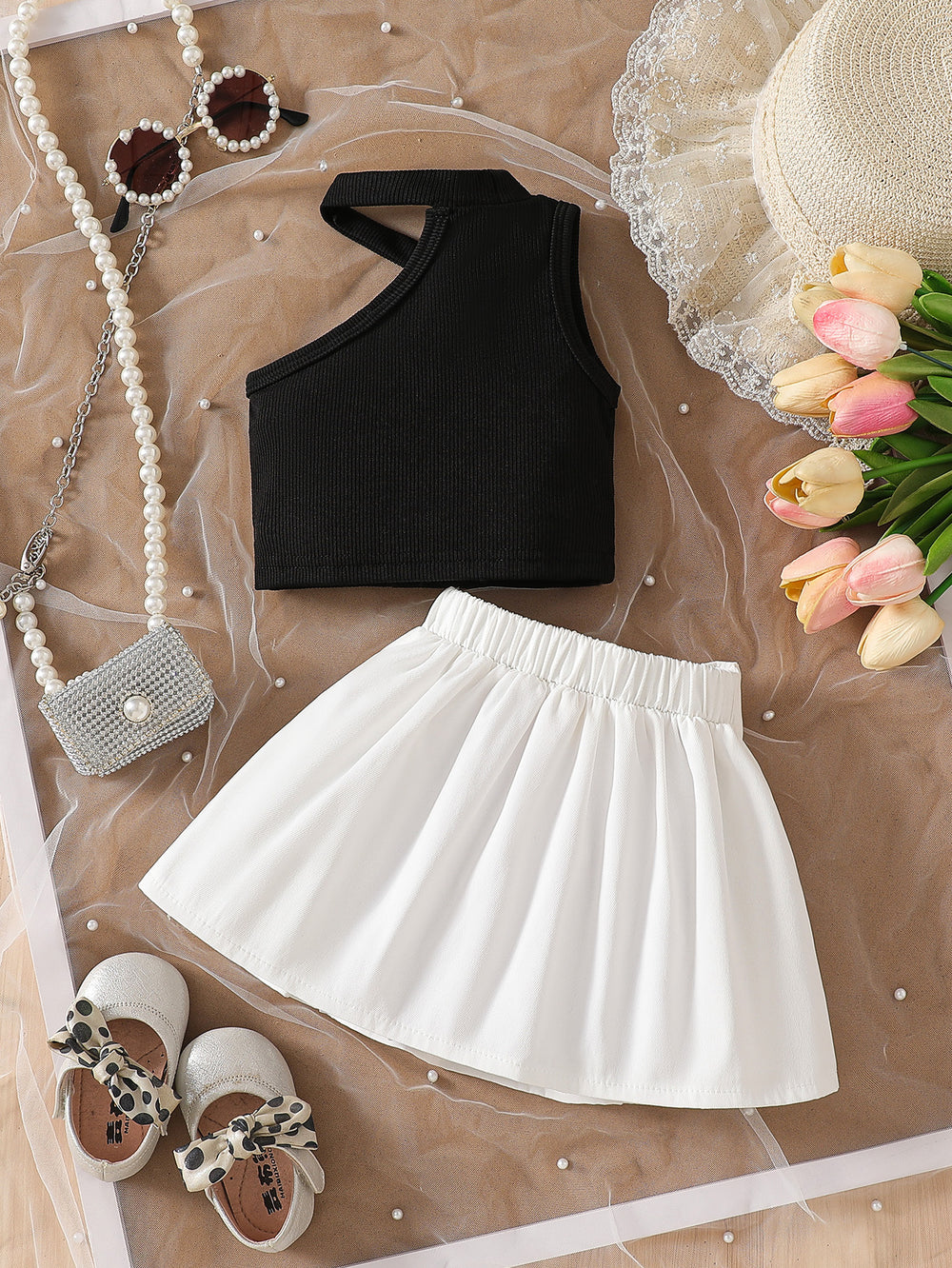cross-border girls' fashion set: european & american style floral solid color halter top + a-line pleated skirt two-piece outfit