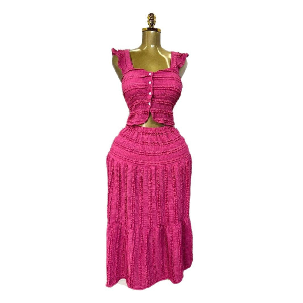Age-reducing fresh spring and summer holiday style short small flying sleeve suspender tops + high waist pleated skirt two-piece set