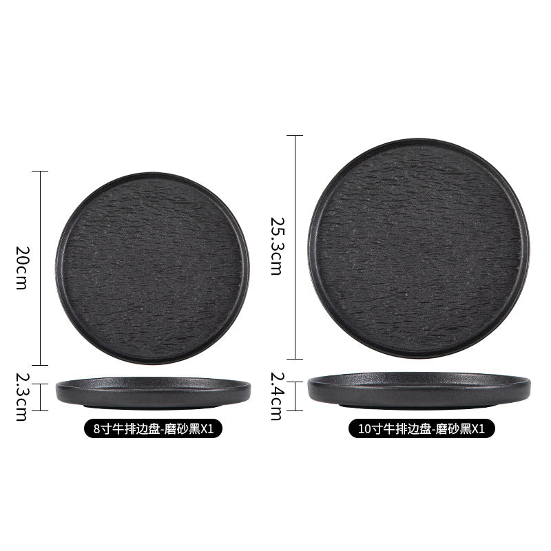 Japanese-style premium black and white ceramic dinnerware - high-end rock texture dinner plates for home use - round steak and chop dishes for restaurants
