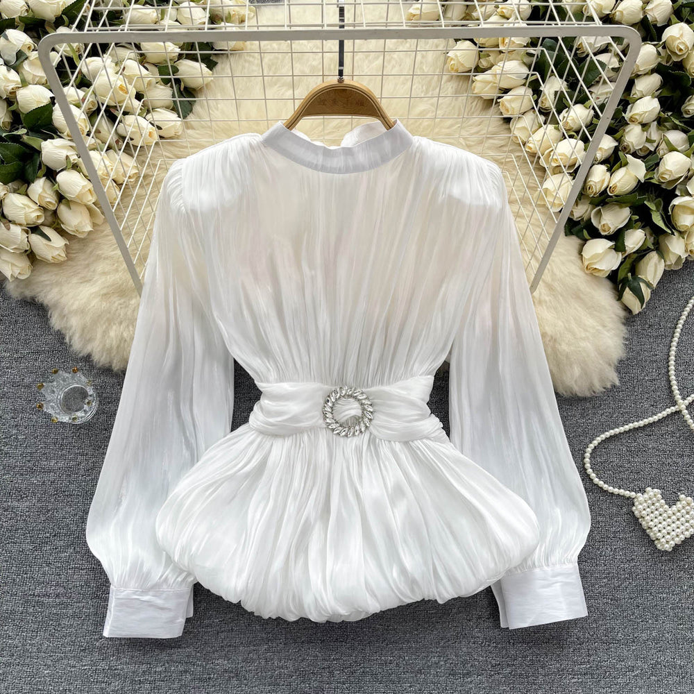 Classy french waist shirt for women with careful strap design and unique pleated ruffle hem frenchtops