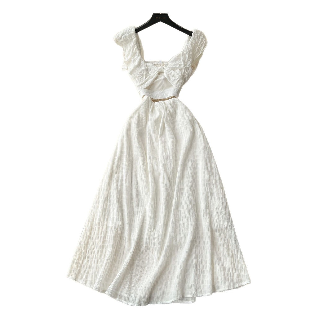 Frenchniche style chic super fairy whitedress women's seaside vacation style scheming cut out small flying sleeves large swing long skirt