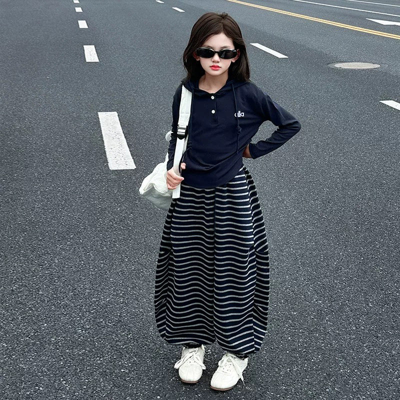 Girls' pants: new  striped lantern pants for girls - stylish autumn/winter wide-leg casual trousers for students