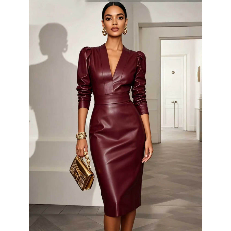 new european and american style fashion v-neck long sleeve fitted leather dress for independent online stores