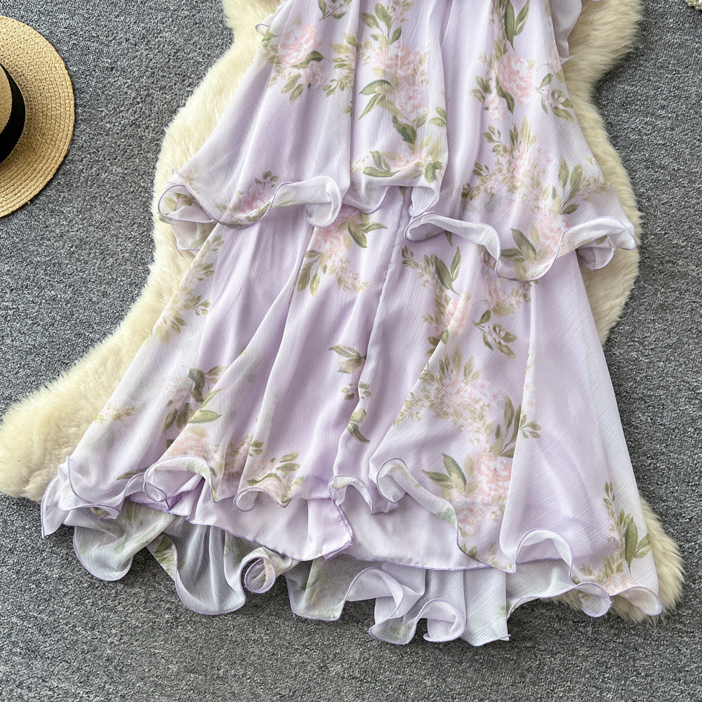 French riviera style purple floral sleeveless dress - women's summer ruffle tiered maxi dress - slimming and elegant