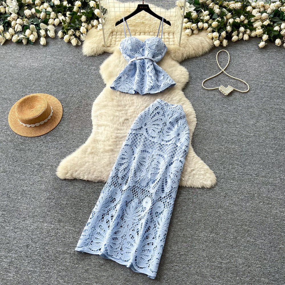 French cut outlace camisole high waist skirttwo-piece set female summer gentle intellectual elegantfashionsuit