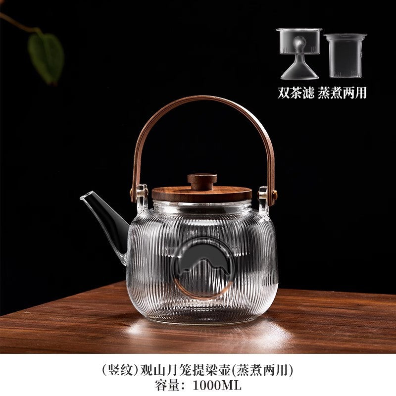 Walnut tea maker, vertical stripes glass teapot, double filter liner, tea stove, tea water separation, heat-resistant glass