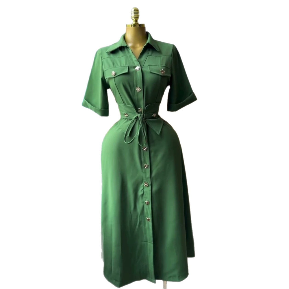 European and american cross-border women's fashion:  summer new arrival - elegant commute single-breasted lapel tie-waist shirt dress