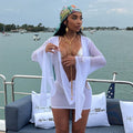 Export fashion cross-border women's net mesh swing collar large sleeves backless a-line short sleeve sexydress vacation style summer