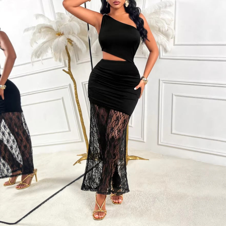 Amazon fashion black pure color elegancesexy formal one-shoulder cut out pleated see-through lacepatchwork long skirt