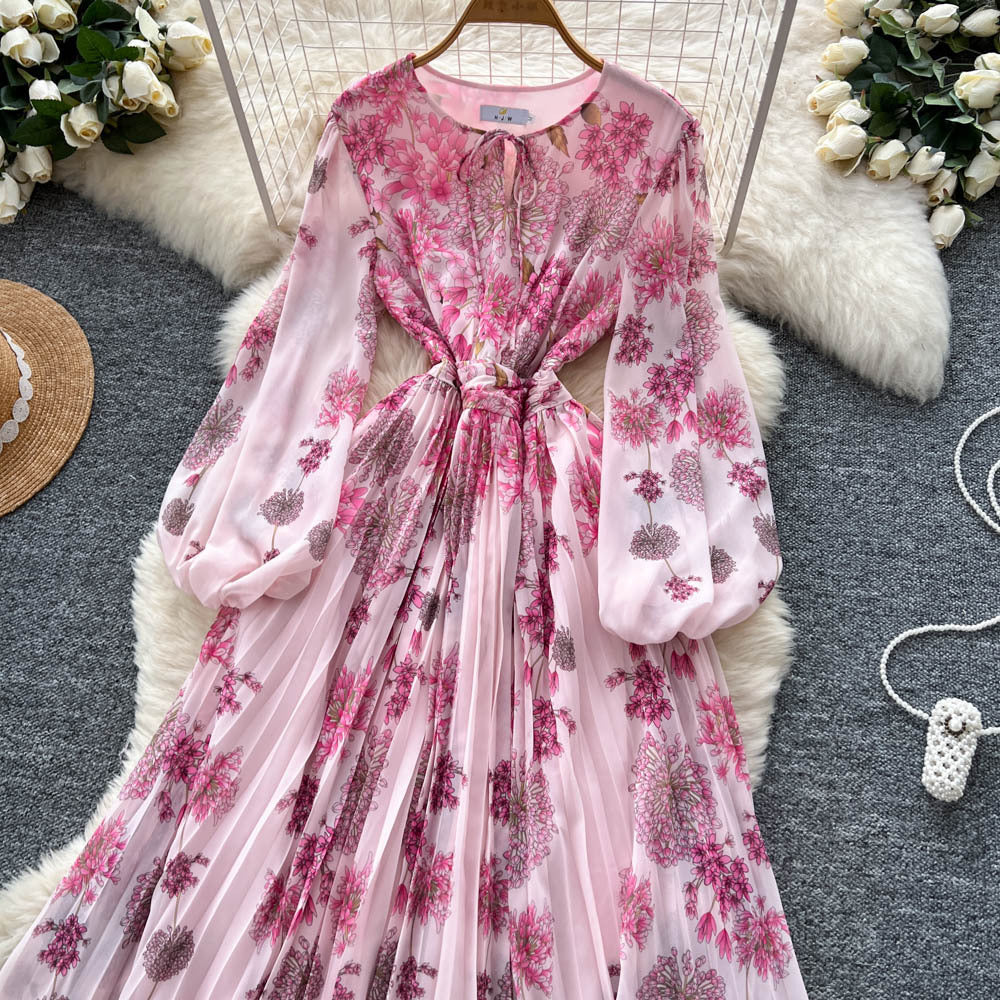 French chic dress - new  collection: high-end, figure-flattering, round neck, lantern sleeve, placement print, pleated maxi dress