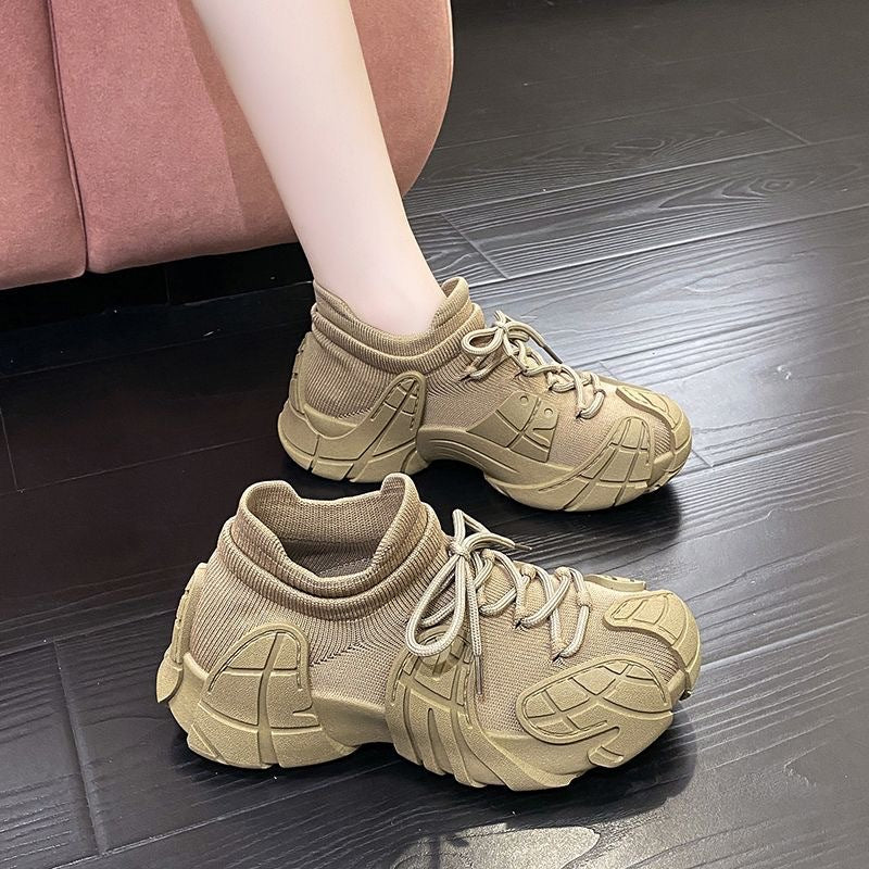 Flyknit lightweight dad sneakers women's 2025 summer new breathable non-slip hiking shoes versatile chunky sole sock sneakers