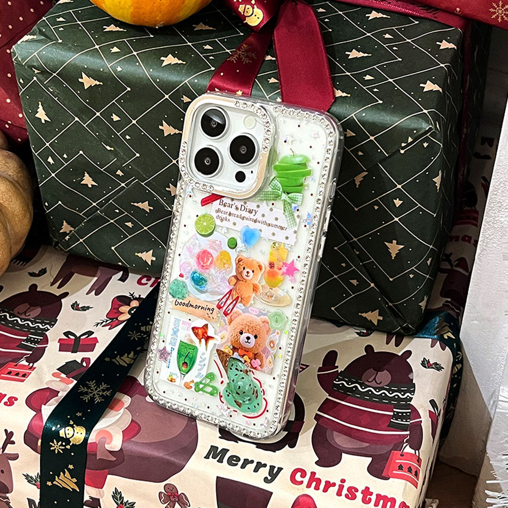 Ice cream bear iphone 17 air glitter diamond star phone case, apple 16 pro diamond-studded protective cover, 15
