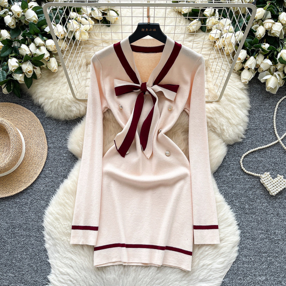 Xiaoxiangfengclassy contrast colorbows strappy long sleevesdress women's metal buckle waist slimming lookknitting short skirt